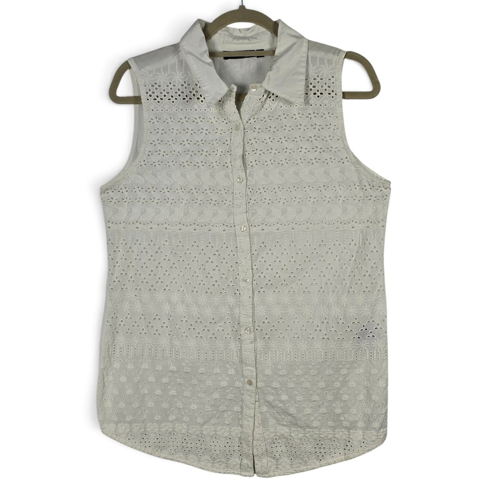 Positano by Jean Paul Top Large Sleeveless Button Down White Eyelet Cotton Italy